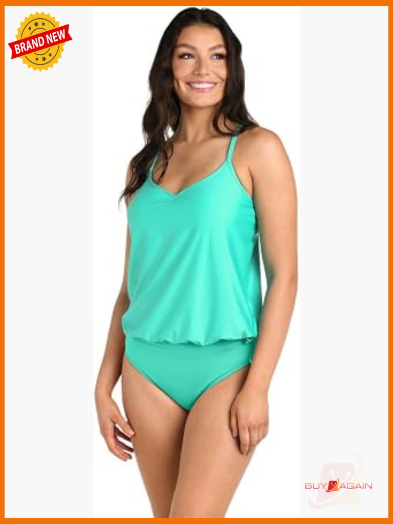 Underwire V-Neck Blouson Tankini Top Sleeveless Nylon Blend Size 12